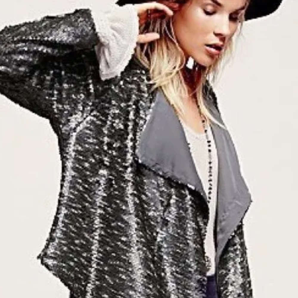 Free people grey sequined open front draped jacket. Never worn. 298 retail